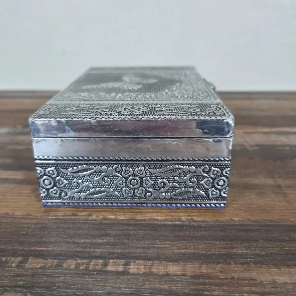 Silver Plated Butterfly Floral Design Jewelry Box with Purple Velvet Lining